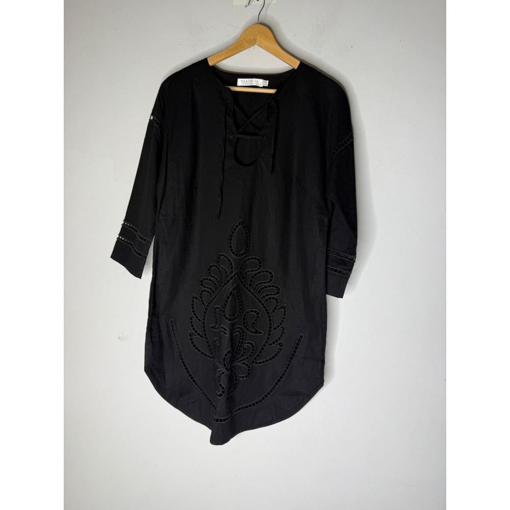 Seafolly Australia Black Linen Blend Eyelet Lace Up Tunic Cover Up Dress Small